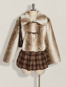 SHEIN ICON Plus Size Vintage Y2K Reindeer Pattern Faux Fur Coat, Christmas Reindeer Jacket - Brown - View 3