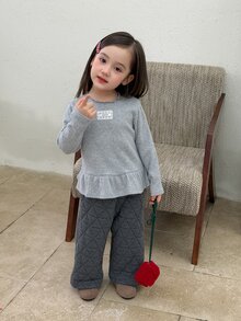 DAZY Infant (Girl) Ruffle Trim Long Sleeve Solid Color Korean Style Top - Grey - View 4