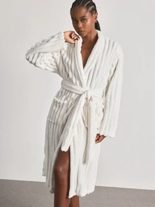 Ocili Double-Sided Wide Stripe Flannel Comfortable Minimalist Soft Robe Women's Loungewear - White - View 6