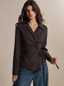 Poéselle Kemeja Lengan Panjang Kasual Bergaris untuk Wanita, Cocok untuk Sehari-hari - Coklat - View 7