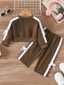 SHEIN 2pcs Baby Girls' Spring/Autumn Long Sleeve Sweatshirt And Pants Set With Bow Tie Knitted Fabric - Brown - View 2