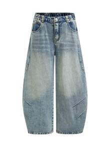 2026NewTween Boys All-Season American Vintage Personalized Frayed Hem High Street Embroidered Washed Soft Denim Loose Curved Leg Pants Versatile Daily - Medium Wash - View 3