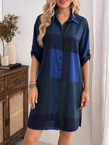 EMERY ROSE 女款休閒復古 70 年代格紋前扣鈕扣襯衫洋裝，適合夜晚外出、早午餐、日常穿著，棕色格紋秋季休閒洋裝 - 彩色 - 查看 6