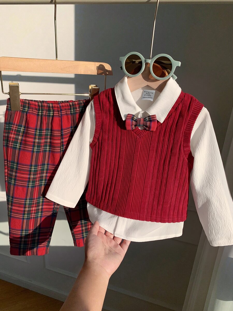 SHEIN طقم ملابس للأولاد الرضع: قميص مزين بفيونكة، جاكيت مضلعة، وبنطال كاروهات - الأحمر - مشاهدة 1