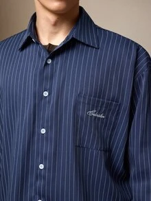 Calmiston Men's Striped Casual Long Sleeve Shirt For Daily Wear - Blue - View 4