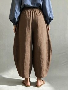 Linhara CURVE Quần short linen dáng rộng size lớn cho nữ, quần harem lưng chun dây rút, cúc bên hông, phong cách thường ngày, chiều dài ngắn, có túi, mùa thu - Cà phê nâu - Xem 2