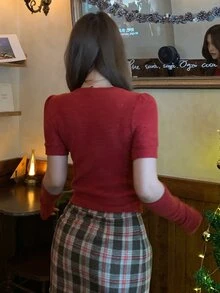 DAZY Autumn/Winter Red Crew Neck Fitted Short Sleeve Knit Sweater And Arm Warmers 2 Pieces Set, Casual Christmas Women's - Red - View 7