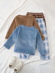 SHEIN 4件組兒童/青少年男孩睡衣套裝，黑白配色，夏季休閒度假返校款，純色 L 號秋季 - 彩色 - 查看 2