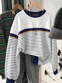 SHEIN LUNE 女款條紋圓領落肩長袖休閒運動衫 - 白色 - 查看 2