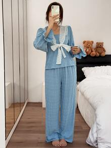 Napfluff Women's Contrast Trim Front Tie Jacquard Short Sleeve Loose Long Sleeve Long Pants Pajama Set - Blue - View 4