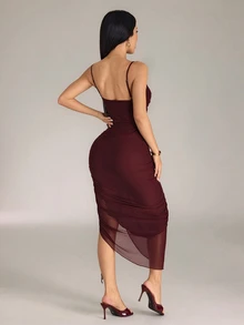 SHEIN PETITE 2026 女款春夏優雅性感復古黑色百褶荷葉邊不對稱下擺洋裝，適合夜晚外出 - 酒紅色 - 查看 2