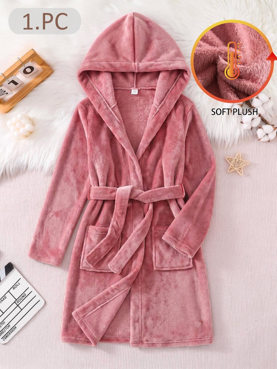 Girls' Home Clothes Kids Plush Tie-Front Robe, Autumn/Winter Hooded Bathrobe, Fleece Lined, Long Sleeve Solid Color With Pockets, Soft Comfortable Cute Pajamas - Coral Pink - View 1
