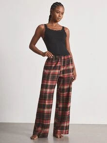 Ocili Women's Lace Trim Minimalist Comfortable Plaid Cotton Long Pants Drawstring Loungewear Set - Multicolor - View 4