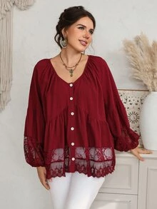 EMERY ROSE Women's Plus Size Lace Patchwork Hem Single-Breasted Lantern Sleeve Elegant Blouse - Burgundy - View 4