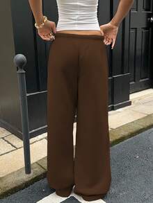 SHEIN EZwear 秋冬休閒極簡前綁帶寬鬆運動長褲，適合日常穿著與返校季 - 棕色 - 查看 2