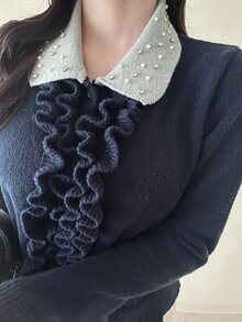 FRIFUL Women's Sweet Ruffle Trim Rhinestone Embellished Knit Cardigan - Black - View 5