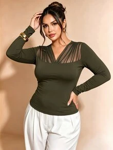SHEIN LUNE CURVE Plus Size Women's Autumn/Winter Mesh Patchwork Ruched Waist Elegant Sexy Commuter Blouse Fall Dinner Party Black - Army Green - View 1
