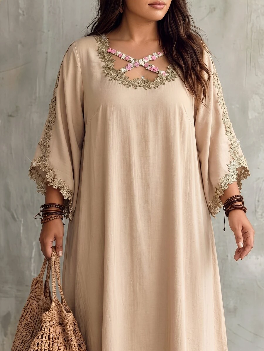 Linhara CURVE Elegant Plus Size Women's Gold Thread Embroidered Lace Patchwork Loose Flare Sleeve Party Date Holiday Dress - Champagne - View 1