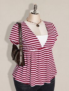 SHEIN ICON 女款大尺碼復古性感千禧風Y2K簡約休閒日常通勤街頭風黑灰條紋深V領二合一上衣 - 紅色 - 查看 2