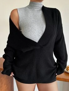 Livesso Deep V-Neck Layered Design Loose Korean Style Long Sweater - Black - View 3