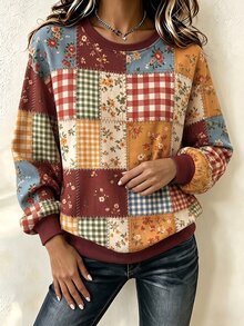 Bytebia Bytebia 女款拼接花卉格紋印花運動衫，圓領長袖套頭上衣，休閒復古鄉村風，適合秋冬日常戶外穿著 - 彩色 - 查看 3