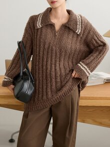 Dazy-Less Women's Autumn/Winter Coffee Brown Round Neck Long Sleeve Cable Knit Slim Fit Ribbed Casual Sweater - Coffee Brown - View 7