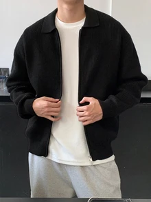 DAZY 男士黑色翻領雙拉鍊開襟針織外套，秋冬款 - 黑色 - 查看 3