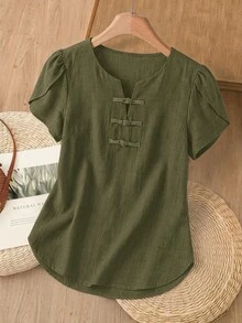Rusticease 純色短袖鈕扣女款休閒夏季上衣襯衫 - 軍綠色 - 查看 1