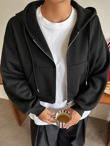 Dazy Plus Korean Style Hooded Short Fleece Sweatshirt Going Out Vacation Black Fall Casual Streetwear - Black - View 7