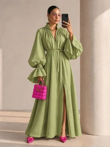 Structelle Women's Casual Raglan Puff Lantern Sleeve Dress With Cuffed Frill Trim, V-Neck Mock Collar With Tie Design, Straight Loose Fit Long Robe Dress - Green - View 1