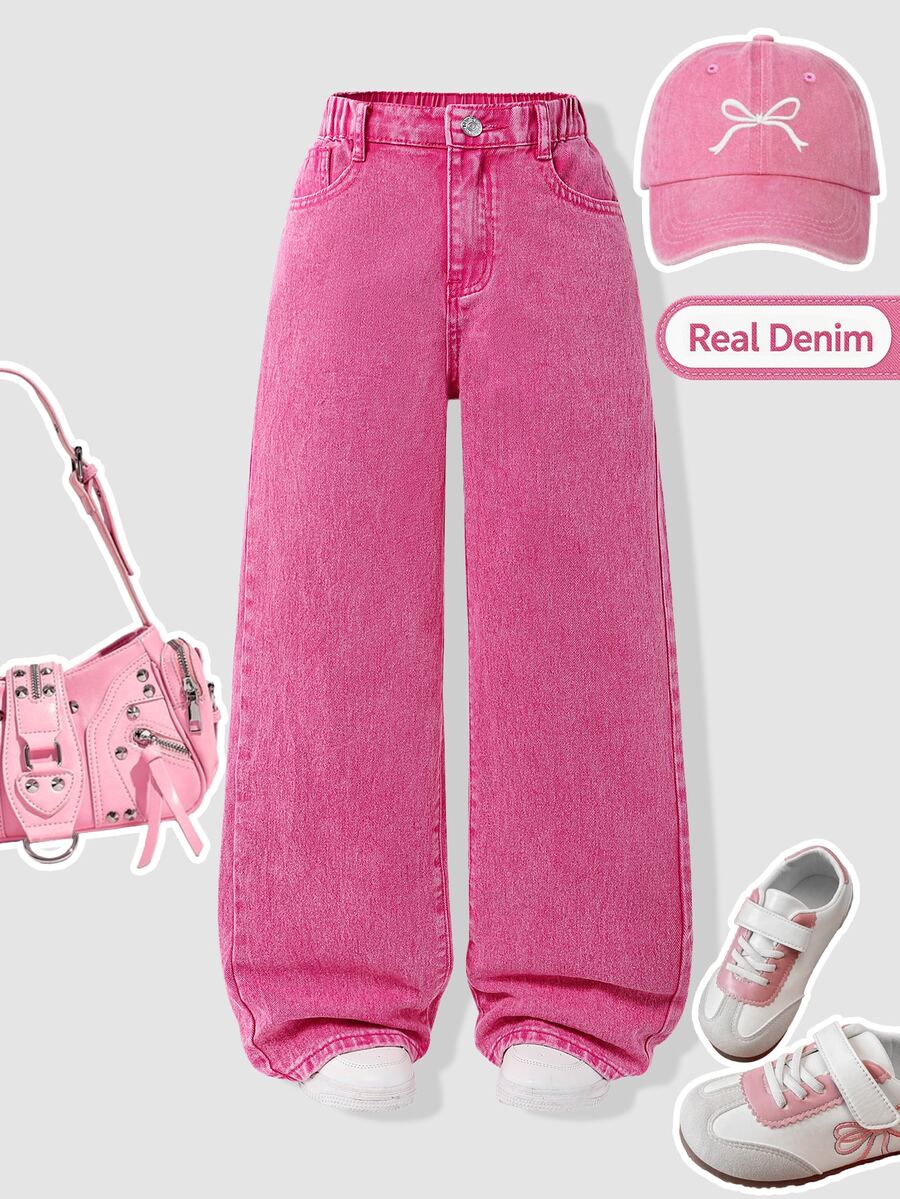 SHEIN ChillGRL بنطلون جينز مستقيم بخصر مطاطي وجيوب مسطحة للفتيات المراهقات، ستايل Y2K شارع يومي، إطلالة يومية OOTD للخريف - روز أحمر - مشاهدة 1