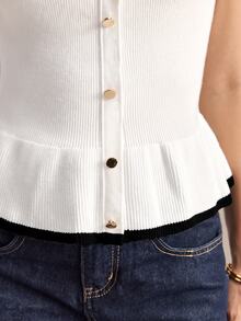 BizChic White & Brown Polka Dot Women's Knit Top With Contrast - White - View 7