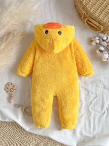 SHEIN Baby Girl Spider Print Hooded Fleece Romper - Yellow - View 2