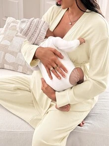 Slowluna 孕婦側結長袖上衣與長褲兩件套 秋季 - 黃色 - 查看 5