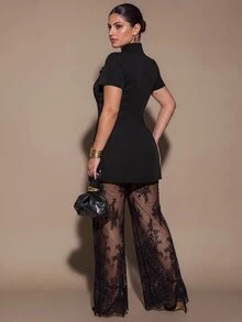 SHEIN BAE CURVE Plus Size Black Chinese Style Frog Button Short Sleeve Mini Dress & Lace Pants Set, Chinese Style Set, Elegant Autumn/Winter Two Pieces Set,Christmas - Black - View 4