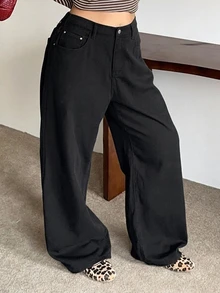 Dazy Plus Semi-Elastic Waist Solid Color Fashion Casual Straight Leg Long Plus Size Women's Jeans All Season - Black - View 8