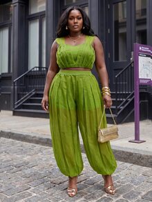 Slaydiva Plus Size Women's Pleated Design Cropped Sleeveless Top And Lantern Pants Fashion Set - Green - View 9