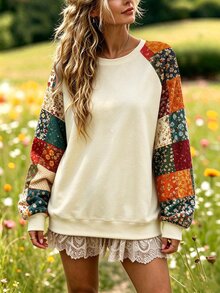 LanaWest CURVE Plus Size Women Vintage Floral Printing Crew Neck Raglan Sleeve Casual Sweatshirt Pullover Fall Winter Autumn - Multicolor - View 1