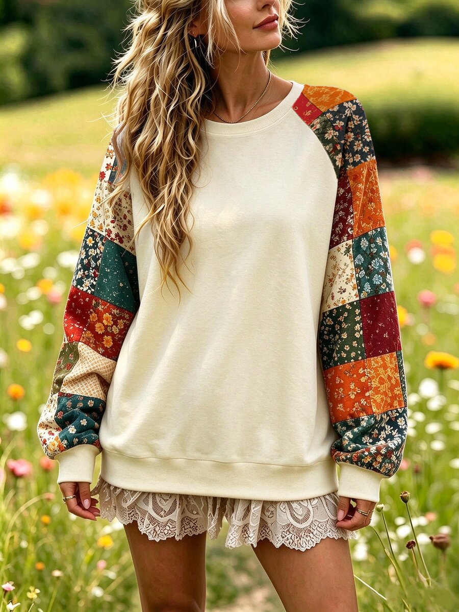 LanaWest CURVE Plus Size Women Vintage Floral Printing Crew Neck Raglan Sleeve Casual Sweatshirt Pullover Fall Winter Autumn - Multicolor - View 1