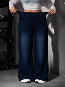 Flexra Celana Jeans Denim Hitam Stretch Model Lurus Longgar Ukuran Plus untuk Wanita - Dark Wash - View 7