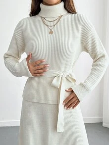 CLARA VERO Belted Turtleneck Knit Skirt Elegant Set - Beige - View 3