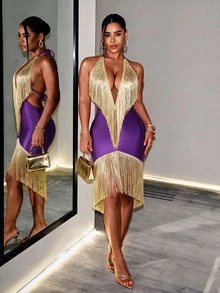Mistrie Sexy Black & Gold Tassel Halter Neck Deep V Backless Cinched Waist Bodycon Bodycon Cocktail Party Dress - Purple - View 3