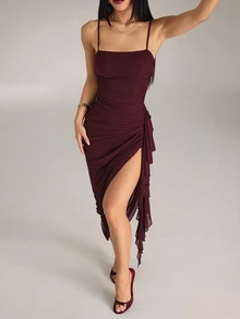SHEIN PETITE 2026 女款春夏優雅性感復古黑色百褶荷葉邊不對稱下擺洋裝，適合夜晚外出 - 酒紅色 - 查看 10