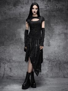 Cryptelle Women's Texture Distressed Knit T-Shirt Cut Out Tops Autumn/Winter Black Gothic Halloween Outfit Party Night - Black - View 5