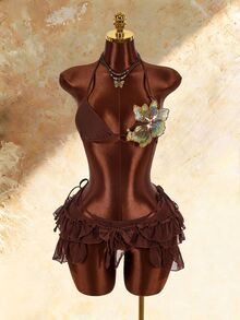 Amplova Women's 3 Pieces Swimwear Set With 3D Floral Butterfly Orchid Bra Cups, Solid Color Lining, Ruffle Hem Cover-Up And Front Center Knot - Brown - View 8