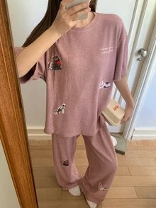 DAZY Cute Cat Pattern Loose Short Sleeve T-Shirt & Straight Leg Long Pajama Pants 2pcs Set Women's Loungewear - Pink - View 6
