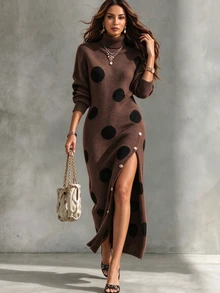 Trelyra Casual Loose High Neck Long Sleeve Knit Polka Dot Jacquard Hem Split Button Design Autumn/Winter Sweater Dress - Brown - View 1