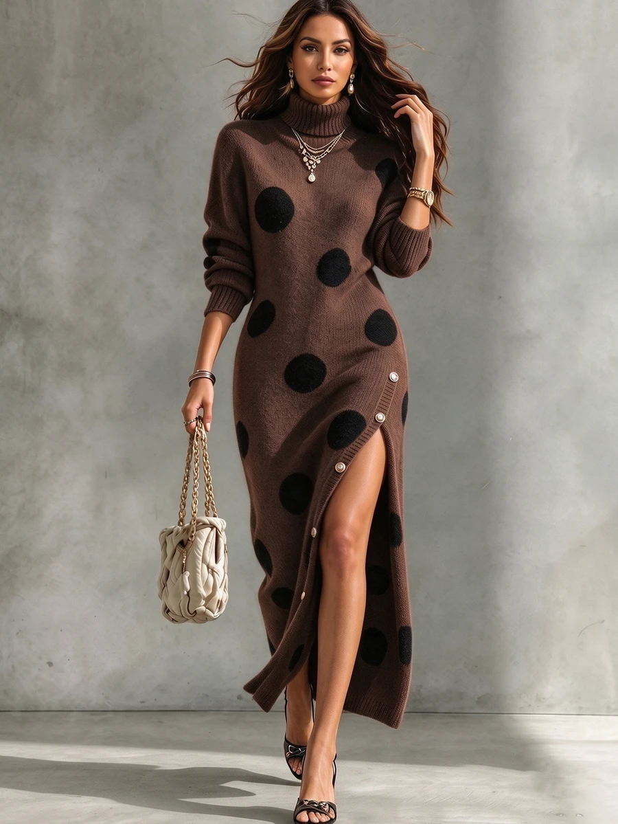 Trelyra Casual Loose High Neck Long Sleeve Knit Polka Dot Jacquard Hem Split Button Design Autumn/Winter Sweater Dress - Brown - View 1
