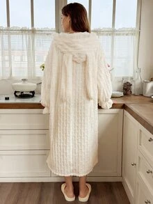 Snug Reverie Cute Rabbit Ear Hooded Pajamas Women's Autumn/Winter Plush Robe Loungewear - White - View 2