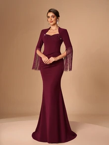 Serin Elegant Burgundy Stretch Rhinestone Beaded Ruched Fringe Tassel Long Sleeve Slit Bodycon Mermaid Autumn Wedding Guest Mother Of The Bride Evening Gown - Burgundy - View 2